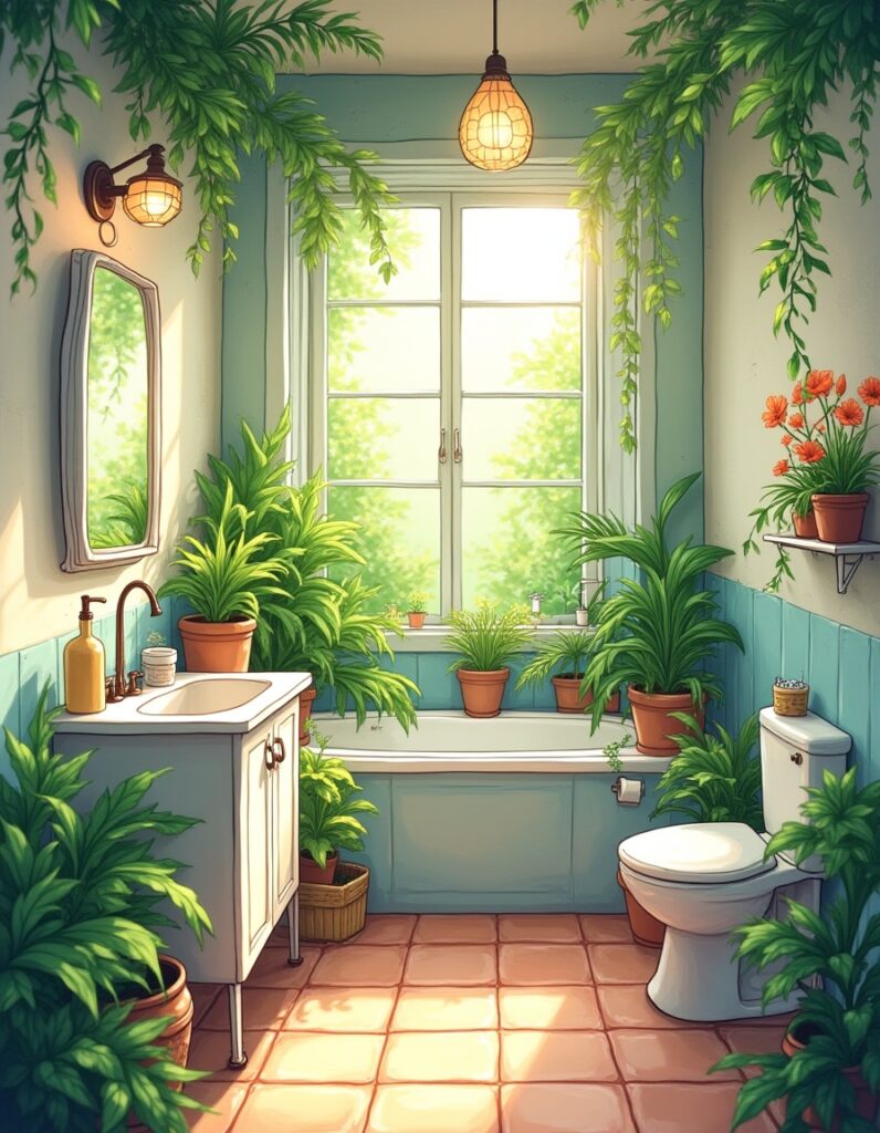 Baño luminoso y atrasctivo con muchas plantas y decoración floral